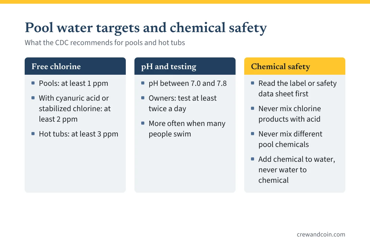 CDC pool water targets: chlorine at least 1 ppm, 3 ppm in hot tubs, pH 7.0 to 7.8, plus four chemical safety rules