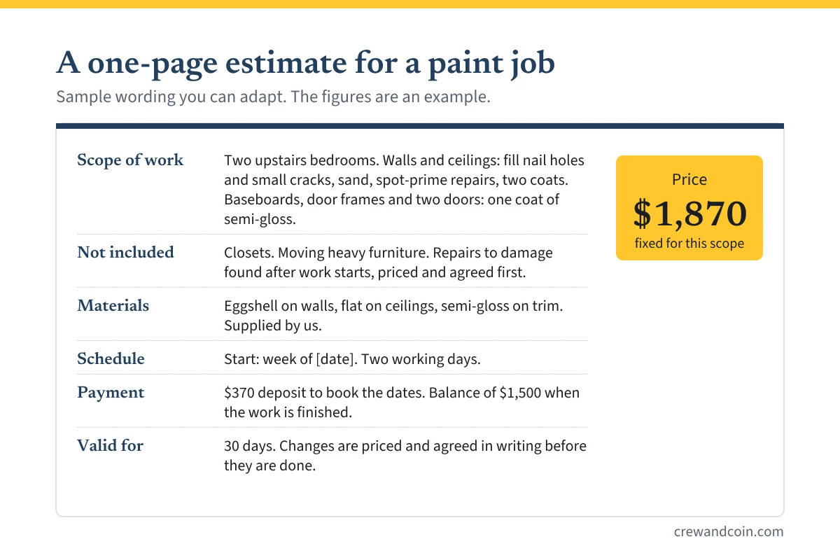 Sample one-page painting estimate: scope of work, exclusions, materials, schedule, payment terms and a fixed price of $1,870